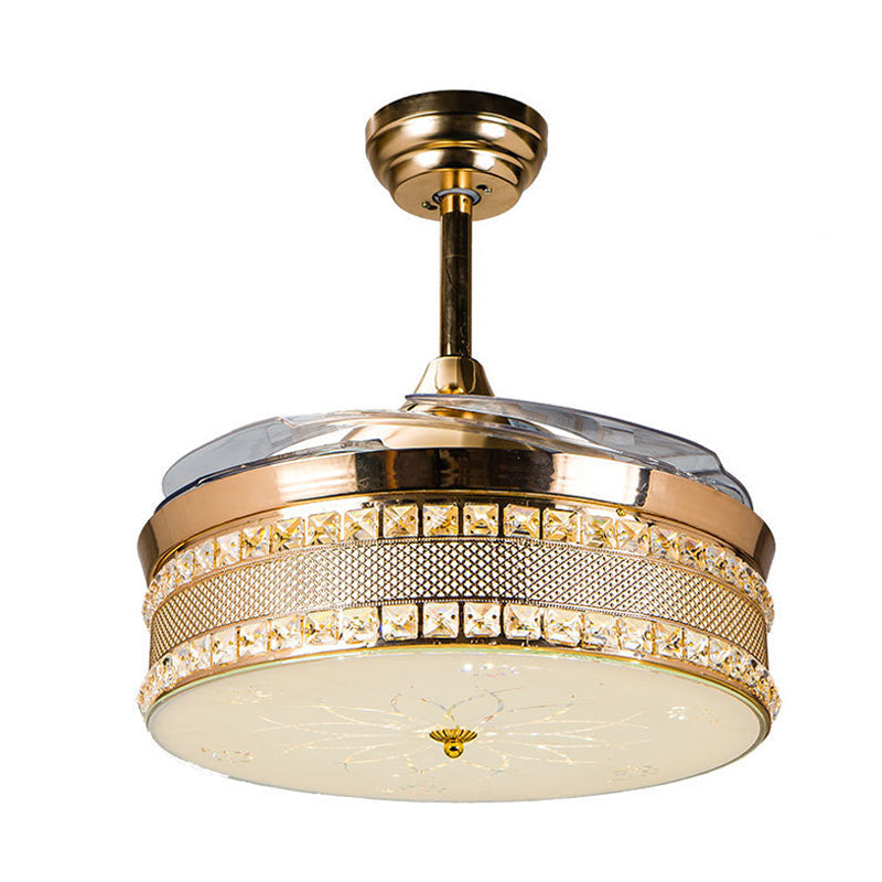 Clear Crystal Drum Fan Light Kit Remote Control/Wall Control/Frequency Convertible Modern LED Semi Flush Mount in Gold/Rose Gold, White/Color-Changing Light Clearhalo 'Ceiling Fans with Lights' 'Ceiling Fans' 'Modern Ceiling Fans' 'Modern' Lighting' 279377