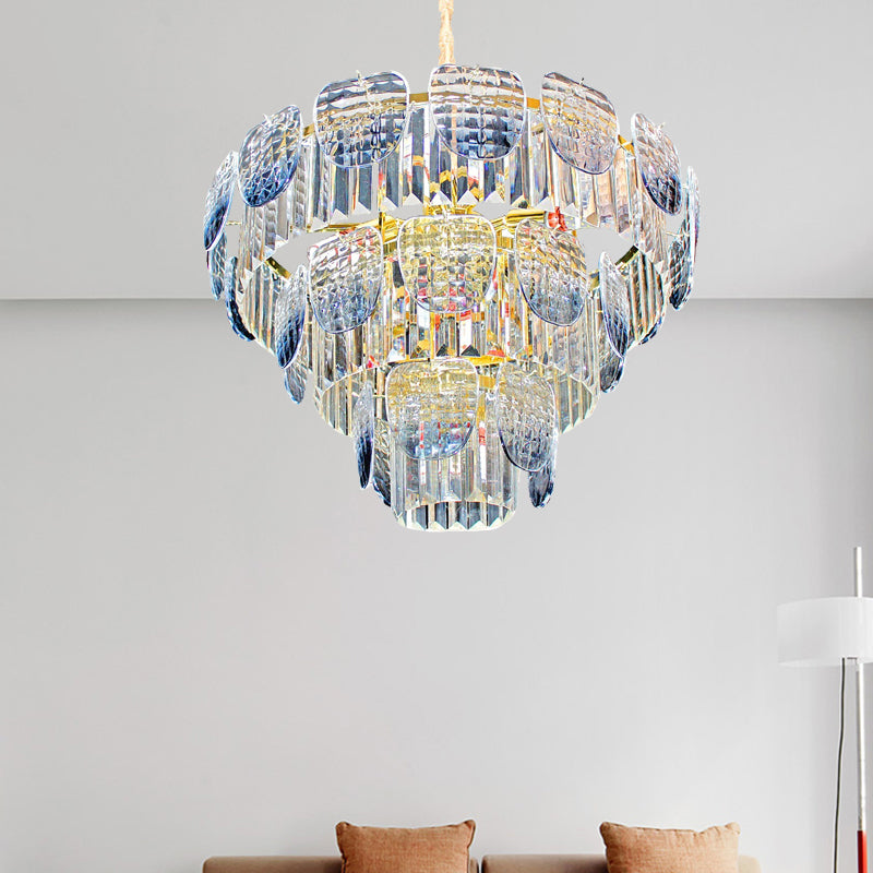 Clear Faceted Crystal Tiered Hanging Light Kit Modern 5/10 Lights Light Blue Pendant Chandelier Clearhalo 'Ceiling Lights' 'Chandeliers' 'Clear' 'Industrial' 'Modern Chandeliers' 'Modern' 'Tiffany' 'Traditional Chandeliers' Lighting' 279654