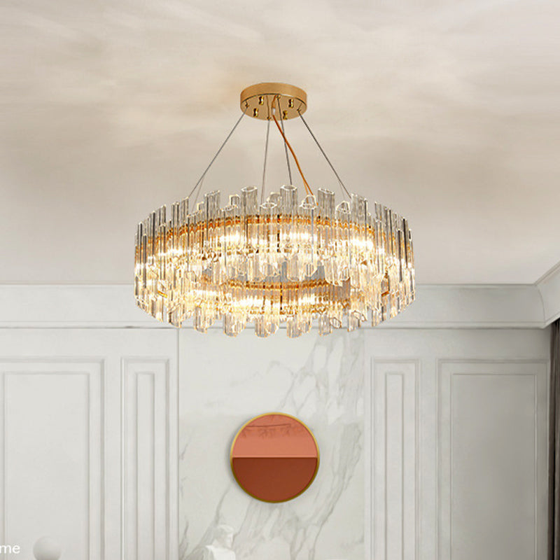 Clear Crystal Drum Hanging Chandelier Modern 8/12 Lights Gold LED Ceiling Lamp for Living Room 12 Gold Clearhalo 'Ceiling Lights' 'Chandeliers' 'Modern Chandeliers' 'Modern' Lighting' 279877
