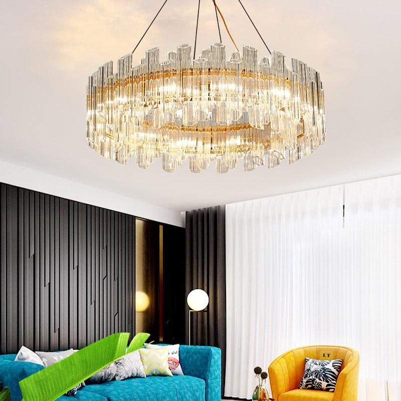Clear Crystal Drum Hanging Chandelier Modern 8/12 Lights Gold LED Ceiling Lamp for Living Room Clearhalo 'Ceiling Lights' 'Chandeliers' 'Modern Chandeliers' 'Modern' Lighting' 279885