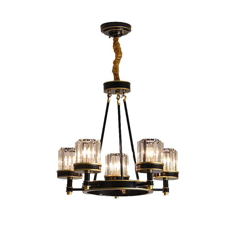 Modernist Cylinder Ceiling Chandelier Clear Crystal 5/6/8 Bulbs Living Room Pendant Lamp in Black Clearhalo 'Ceiling Lights' 'Chandeliers' Lighting' options 279911