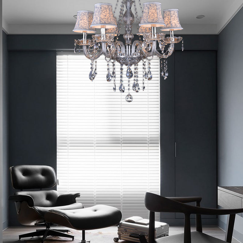 Modernist Bell Ceiling Chandelier Clear Crystal 6/8 Bulbs Living Room Pendant Lamp in Beige, 23"/28" W Clearhalo 'Ceiling Lights' 'Chandeliers' 'Modern Chandeliers' 'Modern' Lighting' 280081