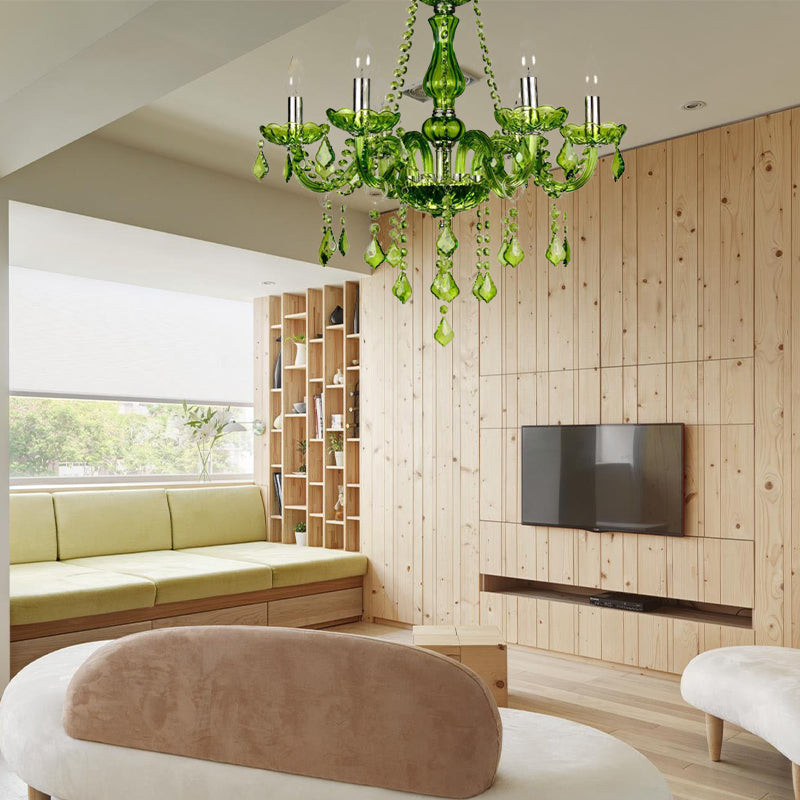 Crystal Candle Chandelier Lighting Modern 6/18 Lights Green Hanging Pendant for Bedroom, 23"/37.5" W Clearhalo 'Ceiling Lights' 'Chandeliers' 'Modern Chandeliers' 'Modern' Lighting' 280133