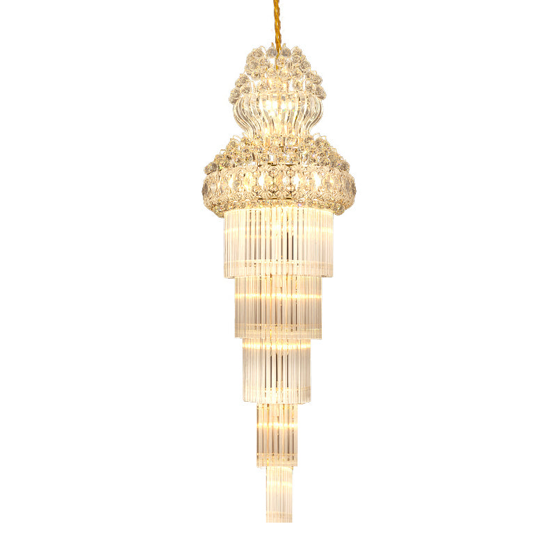 Cone Stairway Chandelier Pendant Light Simple Clear Crystal Rod 12 Heads Gold Suspension Lamp Clearhalo 'Ceiling Lights' 'Chandeliers' Lighting' options 280386
