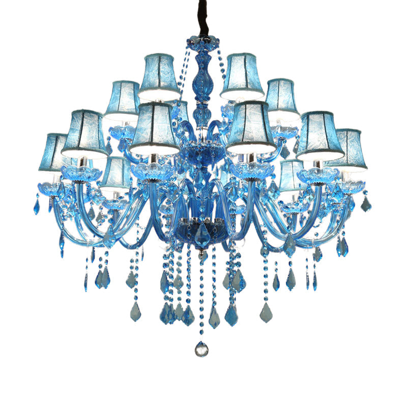 Candle/Bell Crystal Pendant Chandelier Modernism 6/18 Bulbs Blue Hanging Light with Shade/Shadeless, 23.5"/37.5" W Clearhalo 'Ceiling Lights' 'Chandeliers' 'Modern Chandeliers' 'Modern' Lighting' 280417