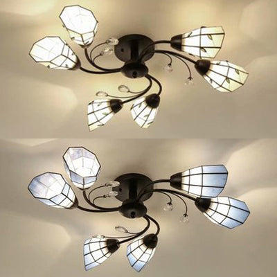 4/6/8 Lights Stained Glass Bell Semi Flushmount with Crystal Decoration and Leaf/Blue Square/Sky Blue Square/Yellow Square Pattern Rustic Semi Flush Light in Black Clearhalo 'Ceiling Lights' 'Close To Ceiling Lights' 'Close to ceiling' 'Glass shade' 'Glass' 'Semi-flushmount' 'Tiffany close to ceiling' 'Tiffany' Lighting' 28043