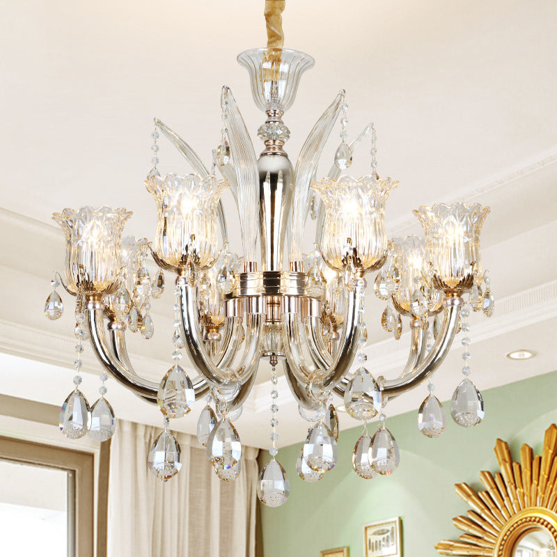 6/8-Bulb Living Room Chandelier Light Modern Amber Pendant Lighting Fixture with Floral Clear Glass Shade, 23.5"/27.5" W Amber 27.5" Clearhalo 'Ceiling Lights' 'Chandeliers' 'Modern Chandeliers' 'Modern' Lighting' 280463