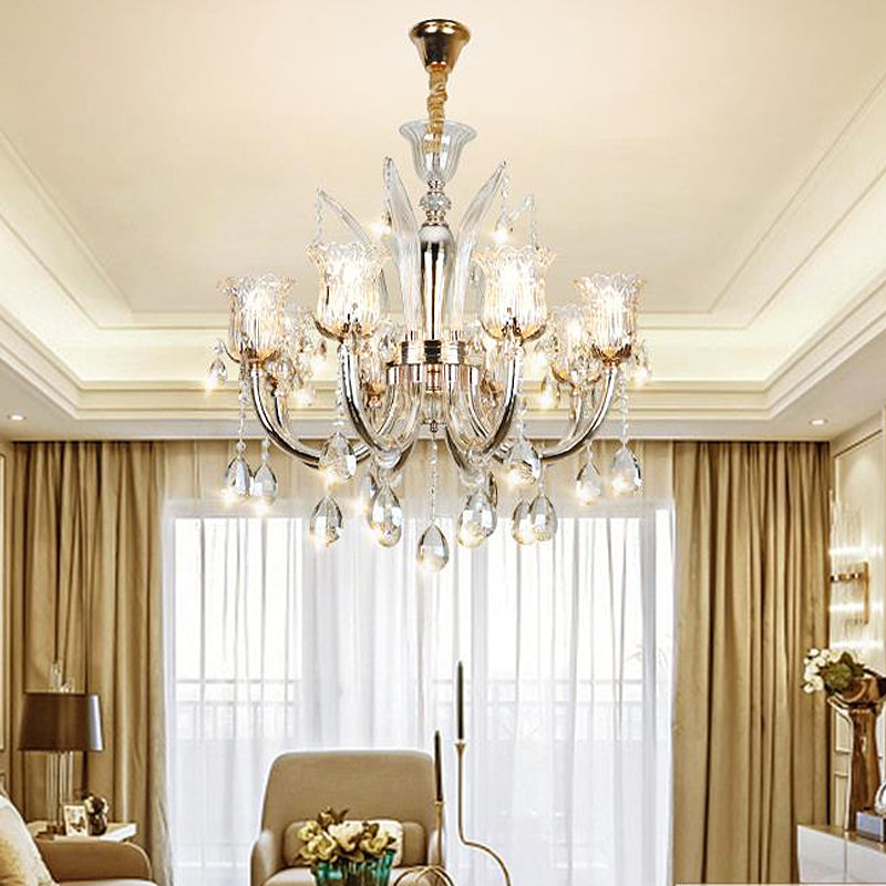 6/8-Bulb Living Room Chandelier Light Modern Amber Pendant Lighting Fixture with Floral Clear Glass Shade, 23.5"/27.5" W Clearhalo 'Ceiling Lights' 'Chandeliers' 'Modern Chandeliers' 'Modern' Lighting' 280465