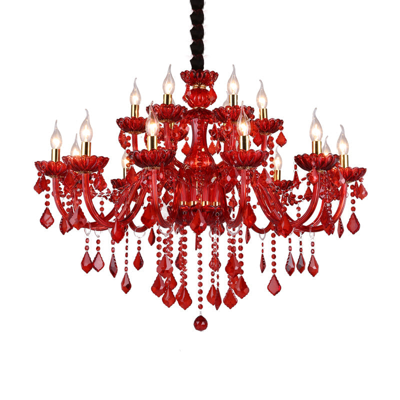 Crystal Candle/Bell Chandelier Lighting Modern 6/18 Lights Red Hanging Pendant with Shade/Shadeless, 23.5"/37.5" Wide Clearhalo 'Ceiling Lights' 'Chandeliers' 'Modern Chandeliers' 'Modern' Lighting' 280486