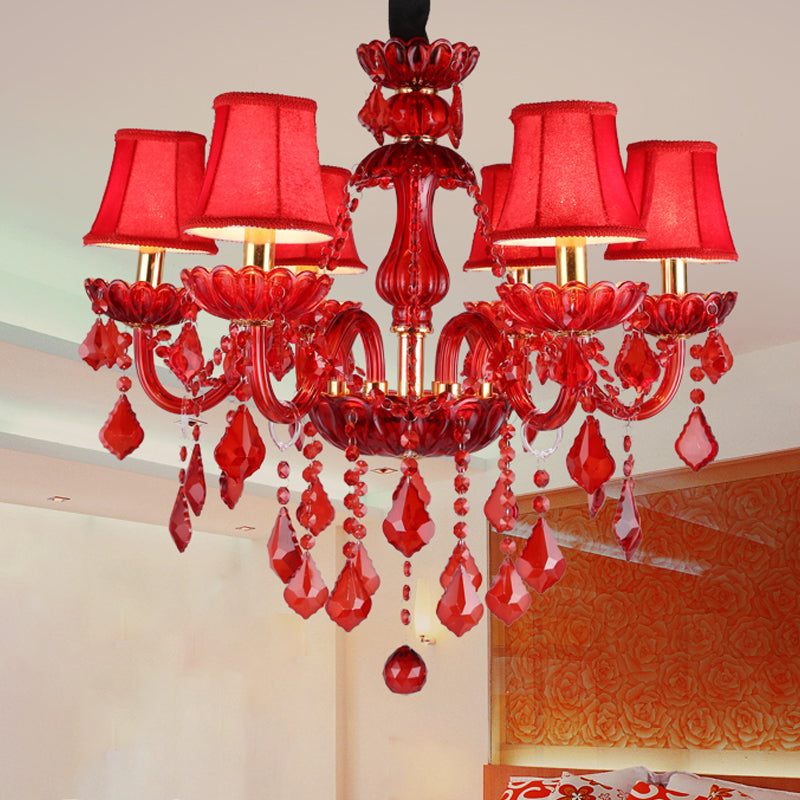 Crystal Candle/Bell Chandelier Lighting Modern 6/18 Lights Red Hanging Pendant with Shade/Shadeless, 23.5"/37.5" Wide Red 23.5" With Shade Clearhalo 'Ceiling Lights' 'Chandeliers' 'Modern Chandeliers' 'Modern' Lighting' 280488