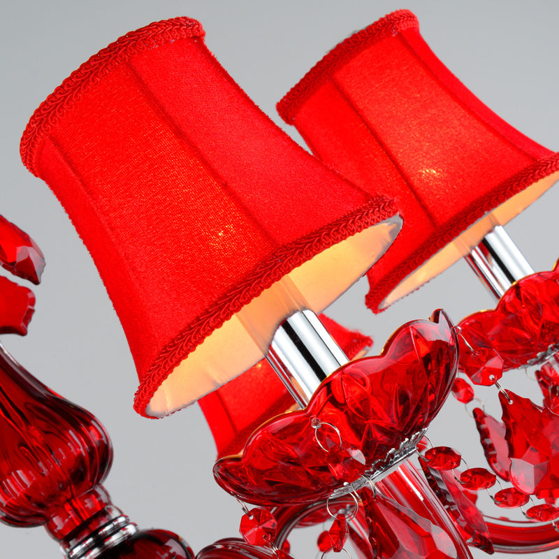 Crystal Candle/Bell Chandelier Lighting Modern 6/18 Lights Red Hanging Pendant with Shade/Shadeless, 23.5"/37.5" Wide Clearhalo 'Ceiling Lights' 'Chandeliers' 'Modern Chandeliers' 'Modern' Lighting' 280492