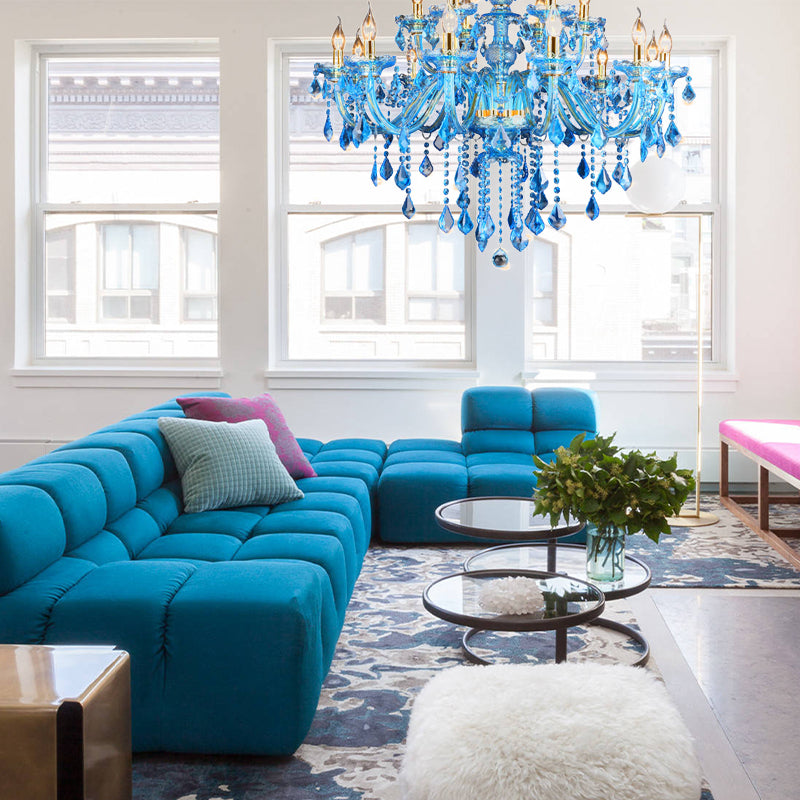 Blue Candelabra/Bell Chandelier Light Modernism 8/18 Heads Beveled Glass Crystal Pendant Lighting with Shade/Shadeless, 28"/37.5" W Clearhalo 'Ceiling Lights' 'Chandeliers' 'Modern Chandeliers' 'Modern' Lighting' 280499