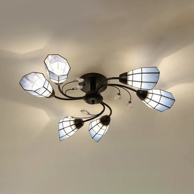 4/6/8 Lights Stained Glass Bell Semi Flushmount with Crystal Decoration and Leaf/Blue Square/Sky Blue Square/Yellow Square Pattern Rustic Semi Flush Light in Black 6 Black Sky Blue Square Clearhalo 'Ceiling Lights' 'Close To Ceiling Lights' 'Close to ceiling' 'Glass shade' 'Glass' 'Semi-flushmount' 'Tiffany close to ceiling' 'Tiffany' Lighting' 28050