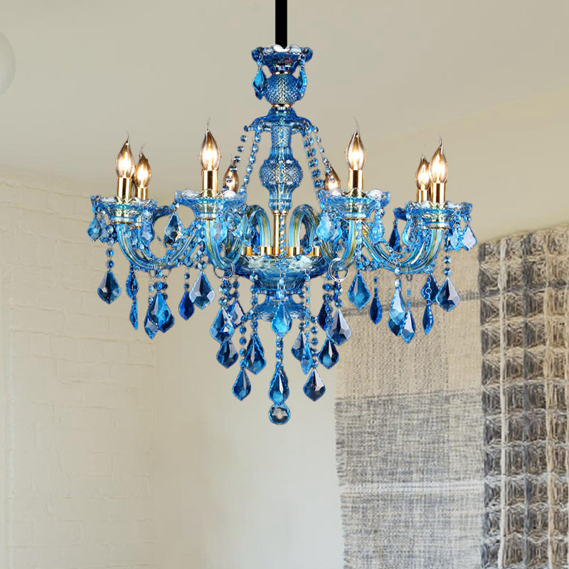 Blue Candelabra/Bell Chandelier Light Modernism 8/18 Heads Beveled Glass Crystal Pendant Lighting with Shade/Shadeless, 28"/37.5" W Blue 28" Shadeless Clearhalo 'Ceiling Lights' 'Chandeliers' 'Modern Chandeliers' 'Modern' Lighting' 280503