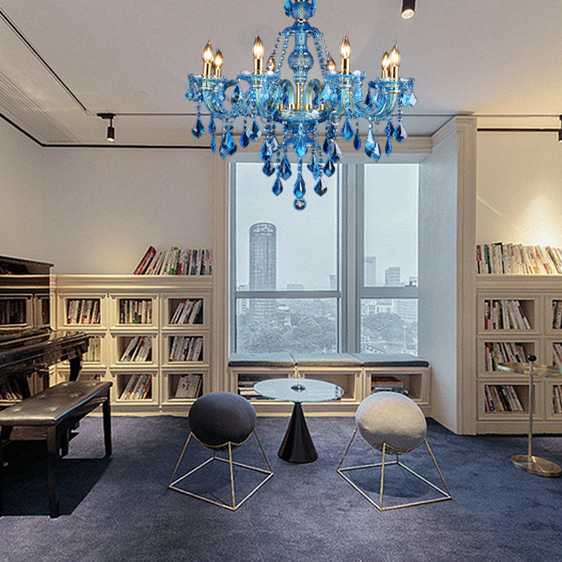 Blue Candelabra/Bell Chandelier Light Modernism 8/18 Heads Beveled Glass Crystal Pendant Lighting with Shade/Shadeless, 28"/37.5" W Clearhalo 'Ceiling Lights' 'Chandeliers' 'Modern Chandeliers' 'Modern' Lighting' 280504