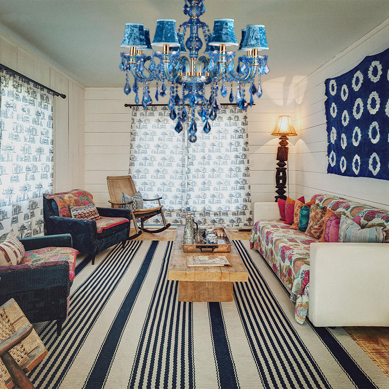 Blue Candelabra/Bell Chandelier Light Modernism 8/18 Heads Beveled Glass Crystal Pendant Lighting with Shade/Shadeless, 28"/37.5" W Clearhalo 'Ceiling Lights' 'Chandeliers' 'Modern Chandeliers' 'Modern' Lighting' 280509