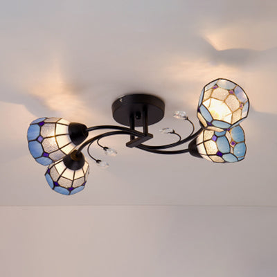 4/6/8 Lights Stained Glass Bell Semi Flushmount with Crystal Decoration and Leaf/Blue Square/Sky Blue Square/Yellow Square Pattern Rustic Semi Flush Light in Black 4 Black Blue Square Clearhalo 'Ceiling Lights' 'Close To Ceiling Lights' 'Close to ceiling' 'Glass shade' 'Glass' 'Semi-flushmount' 'Tiffany close to ceiling' 'Tiffany' Lighting' 28051