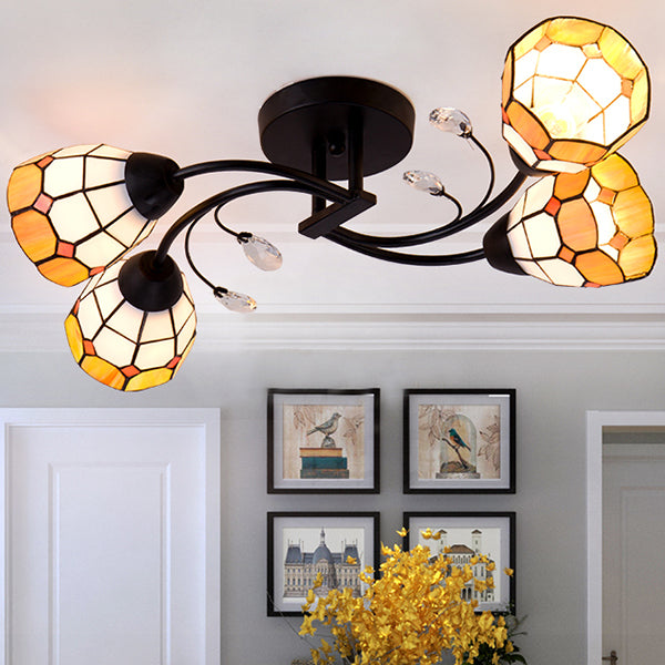 4/6/8 Lights Stained Glass Bell Semi Flushmount with Crystal Decoration and Leaf/Blue Square/Sky Blue Square/Yellow Square Pattern Rustic Semi Flush Light in Black 4 Black Yellow Square Clearhalo 'Ceiling Lights' 'Close To Ceiling Lights' 'Close to ceiling' 'Glass shade' 'Glass' 'Semi-flushmount' 'Tiffany close to ceiling' 'Tiffany' Lighting' 28054