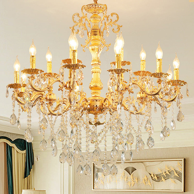 Metal Candle Chandelier Lighting Modern 8/10/12 Lights Brass Hanging Pendant with Crystal Draping 12 Brass Clearhalo 'Ceiling Lights' 'Chandeliers' 'Modern Chandeliers' 'Modern' Lighting' 280542
