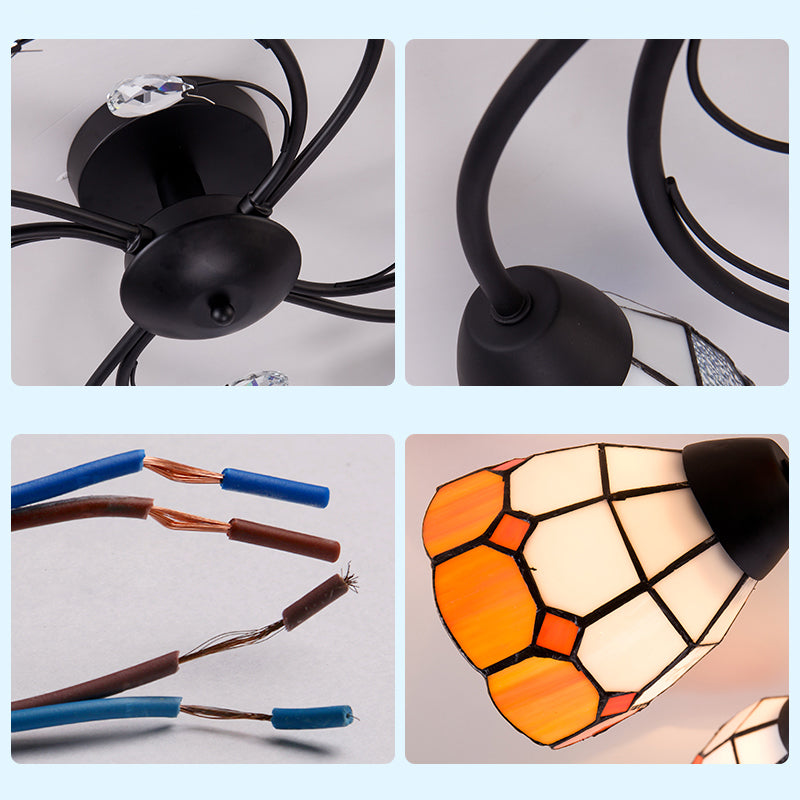 4/6/8 Lights Stained Glass Bell Semi Flushmount with Crystal Decoration and Leaf/Blue Square/Sky Blue Square/Yellow Square Pattern Rustic Semi Flush Light in Black Clearhalo 'Ceiling Lights' 'Close To Ceiling Lights' 'Close to ceiling' 'Glass shade' 'Glass' 'Semi-flushmount' 'Tiffany close to ceiling' 'Tiffany' Lighting' 28055