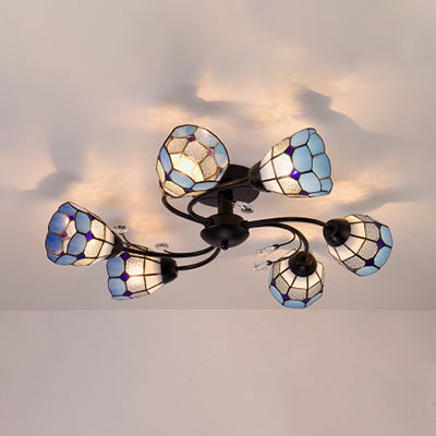 4/6/8 Lights Stained Glass Bell Semi Flushmount with Crystal Decoration and Leaf/Blue Square/Sky Blue Square/Yellow Square Pattern Rustic Semi Flush Light in Black Clearhalo 'Ceiling Lights' 'Close To Ceiling Lights' 'Close to ceiling' 'Glass shade' 'Glass' 'Semi-flushmount' 'Tiffany close to ceiling' 'Tiffany' Lighting' 28056