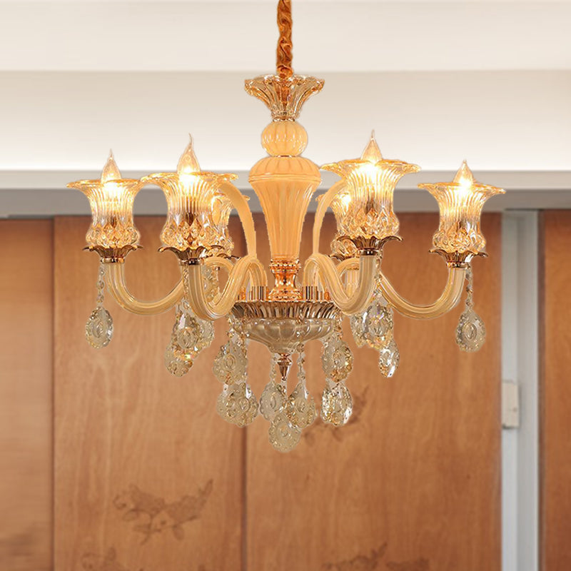 Gold Flower Chandelier Pendant Light Traditional 6/10 Heads Clear K9 Crystal Hanging Lamp for Living Room, 29.5"/35.5" W Gold 29.5" Clearhalo 'Ceiling Lights' 'Chandeliers' Lighting' options 280564_0eb2756f-5c1d-4f34-af50-48964b8806a9