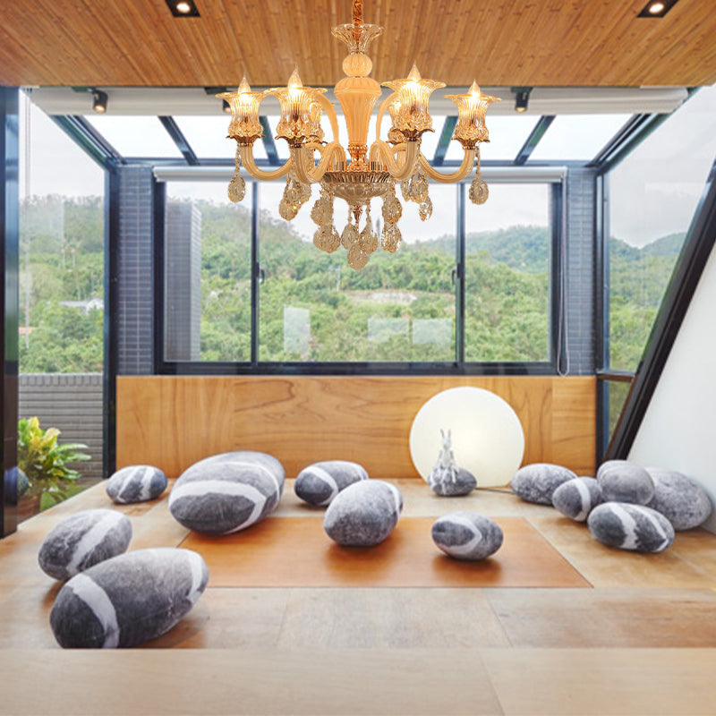 Gold Flower Chandelier Pendant Light Traditional 6/10 Heads Clear K9 Crystal Hanging Lamp for Living Room, 29.5"/35.5" W Clearhalo 'Ceiling Lights' 'Chandeliers' Lighting' options 280565