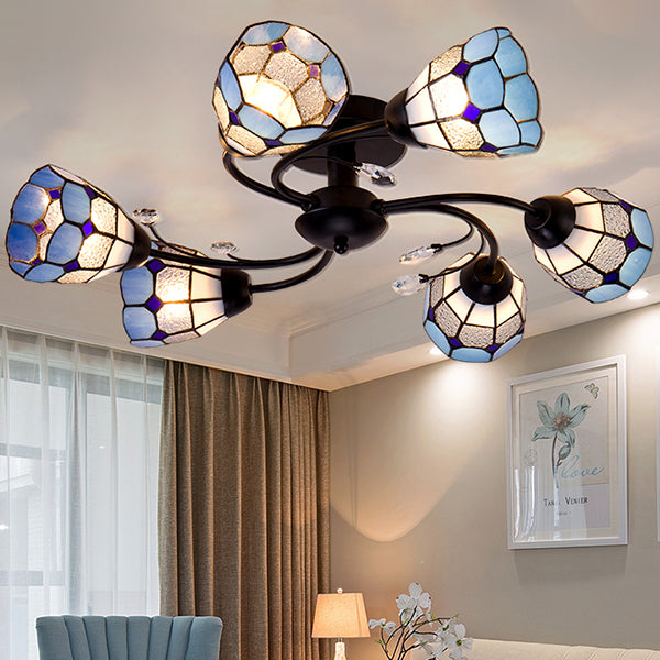 4/6/8 Lights Stained Glass Bell Semi Flushmount with Crystal Decoration and Leaf/Blue Square/Sky Blue Square/Yellow Square Pattern Rustic Semi Flush Light in Black 6 Black Blue Square Clearhalo 'Ceiling Lights' 'Close To Ceiling Lights' 'Close to ceiling' 'Glass shade' 'Glass' 'Semi-flushmount' 'Tiffany close to ceiling' 'Tiffany' Lighting' 28057