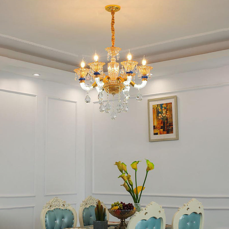 Candelabra Chandelier Light Fixture Traditional Metal 6 Heads Brass Suspension Pendant with Dangling Amber Crystal Accent Clearhalo 'Ceiling Lights' 'Chandeliers' Lighting' options 280576