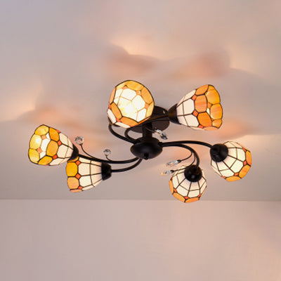 4/6/8 Lights Stained Glass Bell Semi Flushmount with Crystal Decoration and Leaf/Blue Square/Sky Blue Square/Yellow Square Pattern Rustic Semi Flush Light in Black Clearhalo 'Ceiling Lights' 'Close To Ceiling Lights' 'Close to ceiling' 'Glass shade' 'Glass' 'Semi-flushmount' 'Tiffany close to ceiling' 'Tiffany' Lighting' 28058
