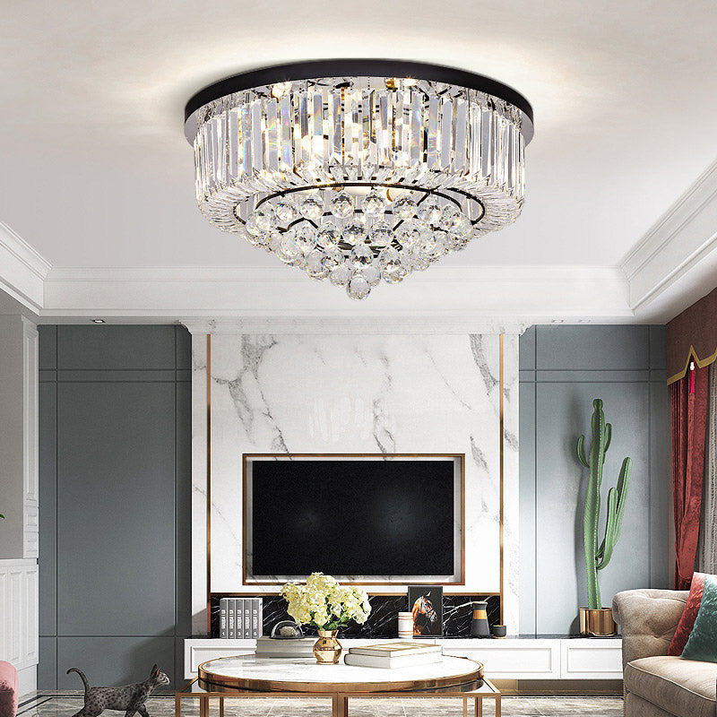 Drum Flush Mount Light Contemporary Tri-Sided Crystal Rod 4/6/9 Heads Black Ceiling Light Fixture, 14"/18"/23.5" Wide Clearhalo 'Ceiling Lights' 'Close To Ceiling Lights' 'Close to ceiling' 'Flush mount' Lighting' 280588