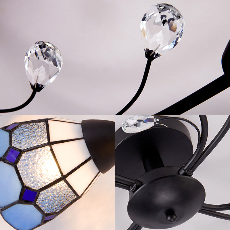 4/6/8 Lights Stained Glass Bell Semi Flushmount with Crystal Decoration and Leaf/Blue Square/Sky Blue Square/Yellow Square Pattern Rustic Semi Flush Light in Black Clearhalo 'Ceiling Lights' 'Close To Ceiling Lights' 'Close to ceiling' 'Glass shade' 'Glass' 'Semi-flushmount' 'Tiffany close to ceiling' 'Tiffany' Lighting' 28062