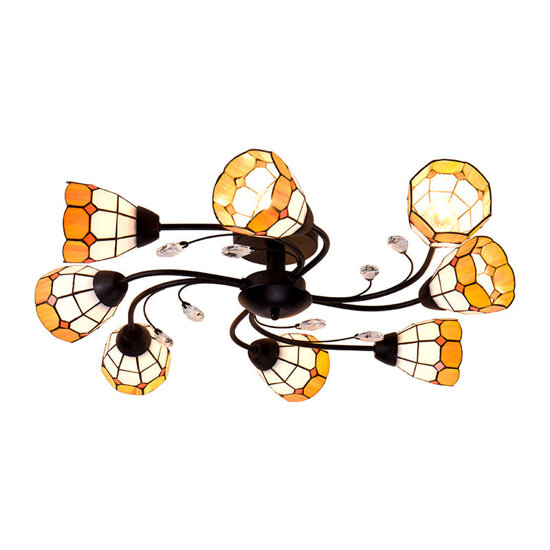 4/6/8 Lights Stained Glass Bell Semi Flushmount with Crystal Decoration and Leaf/Blue Square/Sky Blue Square/Yellow Square Pattern Rustic Semi Flush Light in Black 8 Black Yellow Square Clearhalo 'Ceiling Lights' 'Close To Ceiling Lights' 'Close to ceiling' 'Glass shade' 'Glass' 'Semi-flushmount' 'Tiffany close to ceiling' 'Tiffany' Lighting' 28063