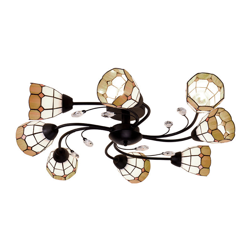 4/6/8 Lights Stained Glass Bell Semi Flushmount with Crystal Decoration and Leaf/Blue Square/Sky Blue Square/Yellow Square Pattern Rustic Semi Flush Light in Black Clearhalo 'Ceiling Lights' 'Close To Ceiling Lights' 'Close to ceiling' 'Glass shade' 'Glass' 'Semi-flushmount' 'Tiffany close to ceiling' 'Tiffany' Lighting' 28064