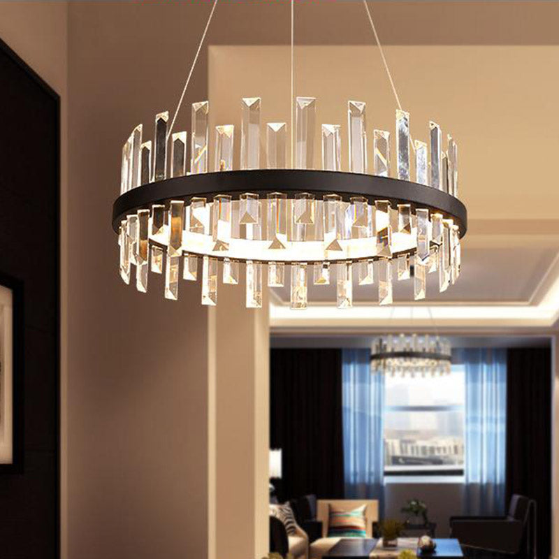 Circular Pendant Ceiling Light Modern Rectangle-Cut Crystal Black/White LED Chandelier Lamp in Warm Light, 23.5"/31.5" Wide Black Warm Clearhalo 'Ceiling Lights' 'Chandeliers' 'Modern Chandeliers' 'Modern' Lighting' 280653