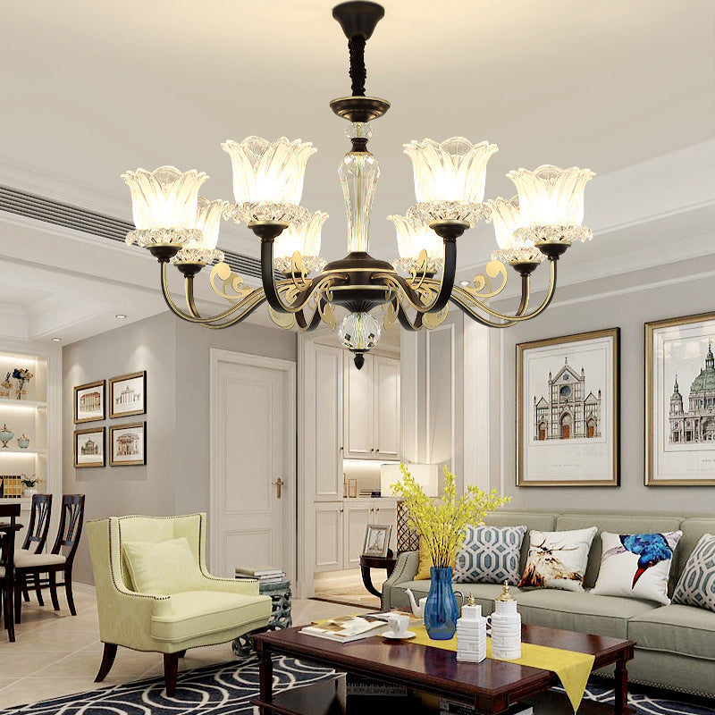 Flower Clear Glass Suspension Pendant Light Contemporary 6/8/10 Heads Black Hanging Chandelier 8 Black Clearhalo 'Ceiling Lights' 'Chandeliers' 'Modern Chandeliers' 'Modern' Lighting' 280730