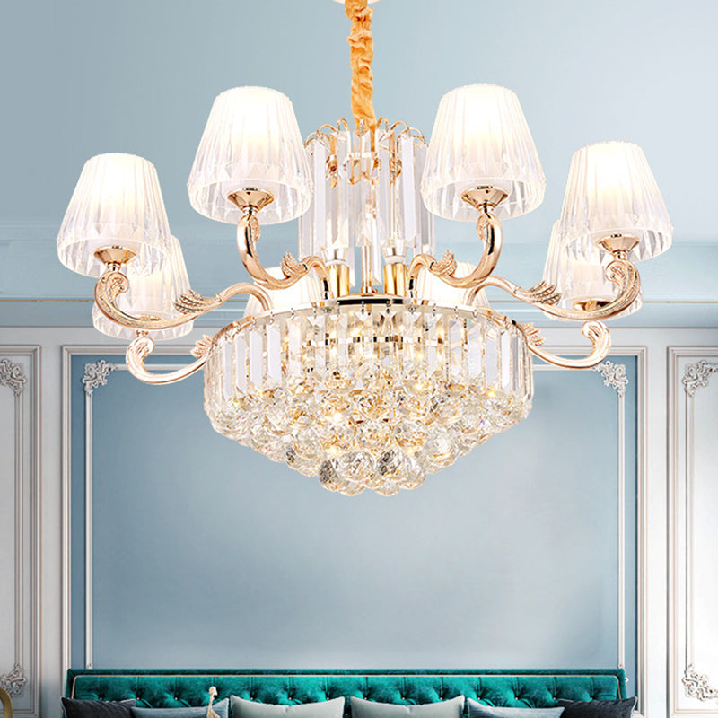 Empire Shape Suspension Light Postmodern Tri-Sided Crystal Rod 6/8/10 Heads Gold Pendant Chandelier 8 Gold Clearhalo 'Ceiling Lights' 'Chandeliers' 'Modern Chandeliers' 'Modern' Lighting' 280806