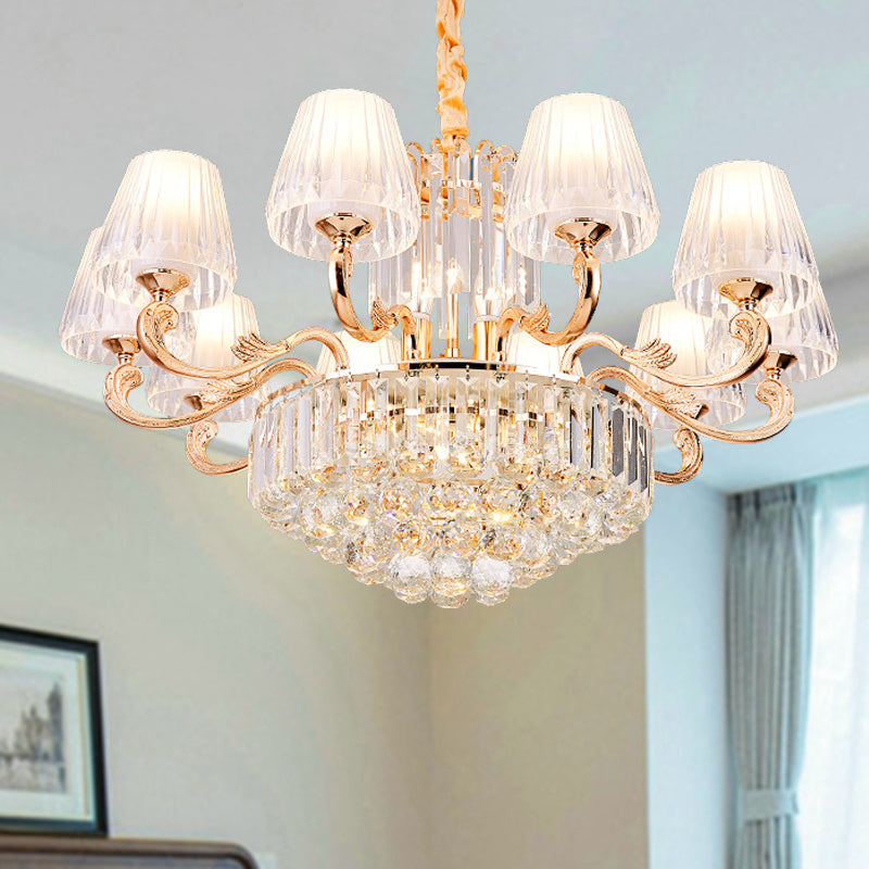 Empire Shape Suspension Light Postmodern Tri-Sided Crystal Rod 6/8/10 Heads Gold Pendant Chandelier 10 Gold Clearhalo 'Ceiling Lights' 'Chandeliers' 'Modern Chandeliers' 'Modern' Lighting' 280811