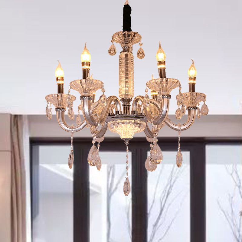 Candelabra Hanging Lamp Contemporary Crystal Drop 6/8 Heads 23.5"/31.5" Wide Silver Pendant Chandelier Clearhalo 'Ceiling Lights' 'Chandeliers' 'Modern Chandeliers' 'Modern' Lighting' 280828