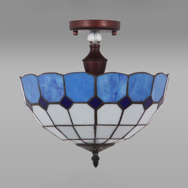 12"/16" Wide Bowl Semi Flush Mount Light Mediterranean Stained Glass Ceiling Light in Blue Clearhalo 'Ceiling Lights' 'Close To Ceiling Lights' 'Close to ceiling' 'Glass shade' 'Glass' 'Semi-flushmount' 'Tiffany close to ceiling' 'Tiffany' Lighting' 28083
