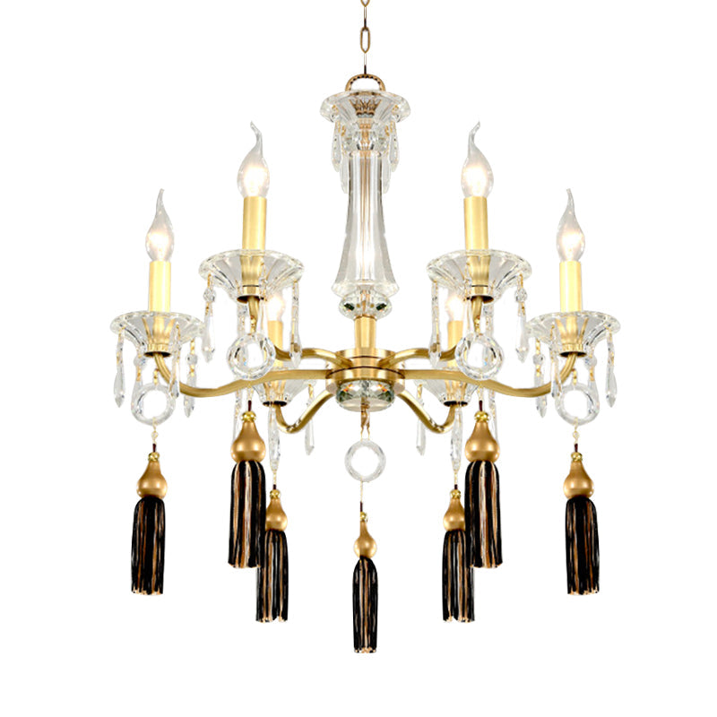 Clear Crystal Suspension Lamp Vintage 6 Heads Gold Hanging Chandelier with Tassel Decoration Clearhalo 'Ceiling Lights' 'Chandeliers' 'Modern Chandeliers' 'Modern' Lighting' 280876