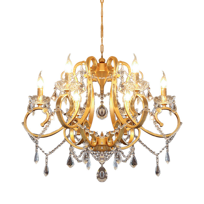 Candle Dining Room Pendant Ceiling Light Crystal Drop 6 Heads Postmodern Chandelier Lamp in Brass Clearhalo 'Ceiling Lights' 'Chandeliers' 'Modern Chandeliers' 'Modern' Lighting' 280936