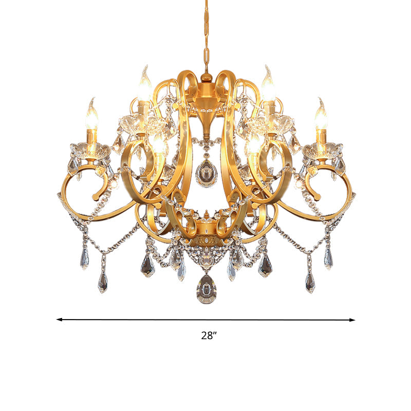 Candle Dining Room Pendant Ceiling Light Crystal Drop 6 Heads Postmodern Chandelier Lamp in Brass Clearhalo 'Ceiling Lights' 'Chandeliers' 'Modern Chandeliers' 'Modern' Lighting' 280937