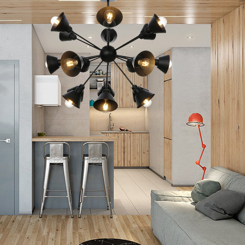 Cone Shade Metal Hanging Lamp Industrial Stylish 9/12/15 Lights Black Chandelier Pendant Light with Sputnik Design Clearhalo 'Cast Iron' 'Ceiling Lights' 'Chandeliers' 'Industrial Chandeliers' 'Industrial' 'Metal' 'Middle Century Chandeliers' 'Rustic Chandeliers' 'Tiffany' Lighting' 281117