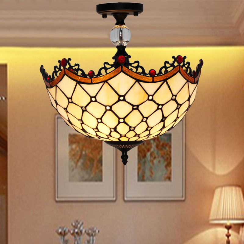 12"/16" W Scalloped Semi Flush Light Traditional Tiffany Stained Glass Ceiling Lamp with Leaf/Victorian/Circle Pattern in Bronze for Foyer Bronze Circle Clearhalo 'Ceiling Lights' 'Close To Ceiling Lights' 'Close to ceiling' 'Glass shade' 'Glass' 'Semi-flushmount' 'Tiffany close to ceiling' 'Tiffany' Lighting' 28117