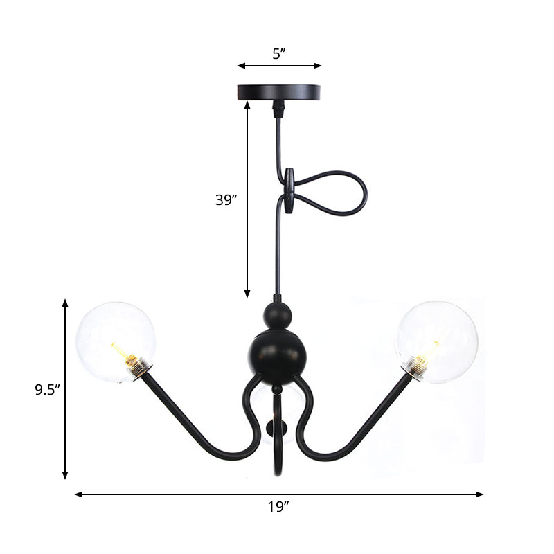 Industrial 3 Heads Hanging Chandelier Lamp with Amber/Clear Glass Shade Black/Chrome Finish Orbit Ceiling Lighting Clearhalo 'Cast Iron' 'Ceiling Lights' 'Chandeliers' 'Industrial Chandeliers' 'Industrial' 'Metal' 'Middle Century Chandeliers' 'Rustic Chandeliers' 'Tiffany' Lighting' 281248