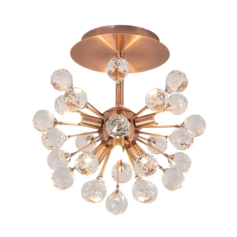 Modernist Globe Semi-Flush Mount Faceted Crystal 6 Bulbs Ceiling Light Fixture in Brass Clearhalo 'Ceiling Lights' 'Close To Ceiling Lights' 'Close to ceiling' 'Semi-flushmount' Lighting' 281252