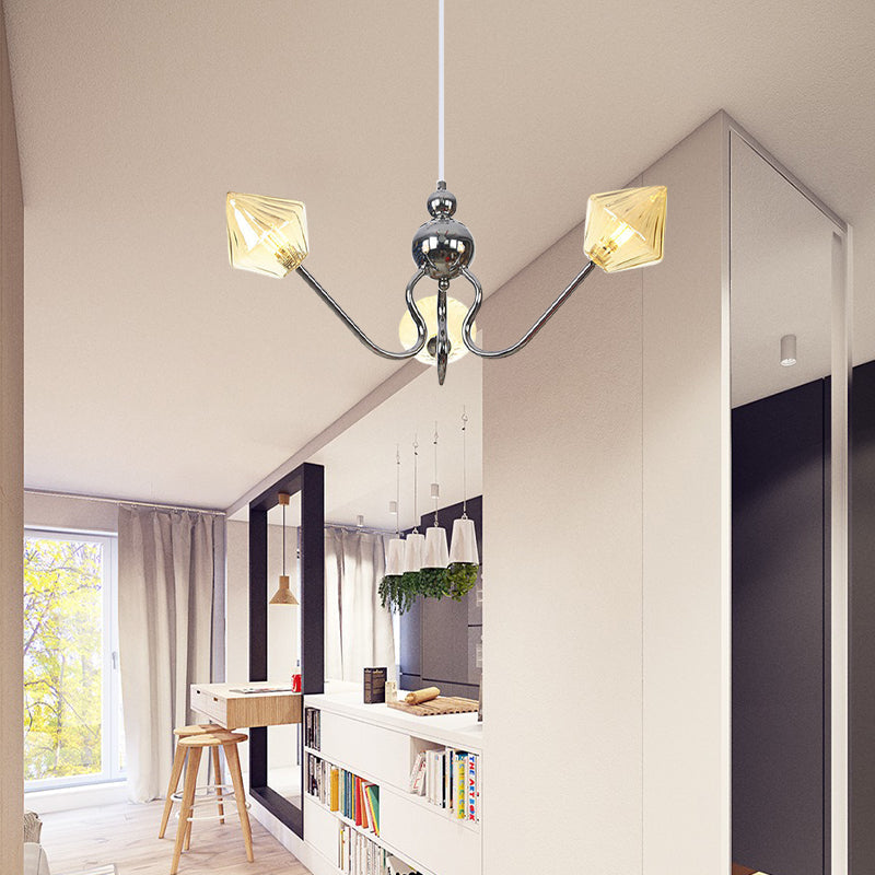 Diamond Shaped Pendant Lighting Farmhouse Amber/Clear Glass 3 Lights Restaurant Chandelier Lamp in Black/Chrome Clearhalo 'Cast Iron' 'Ceiling Lights' 'Chandeliers' 'Industrial Chandeliers' 'Industrial' 'Metal' 'Middle Century Chandeliers' 'Rustic Chandeliers' 'Tiffany' Lighting' 281327