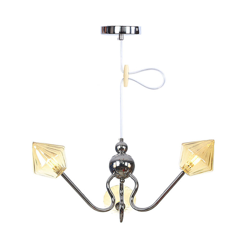 Diamond Shaped Pendant Lighting Farmhouse Amber/Clear Glass 3 Lights Restaurant Chandelier Lamp in Black/Chrome Clearhalo 'Cast Iron' 'Ceiling Lights' 'Chandeliers' 'Industrial Chandeliers' 'Industrial' 'Metal' 'Middle Century Chandeliers' 'Rustic Chandeliers' 'Tiffany' Lighting' 281328