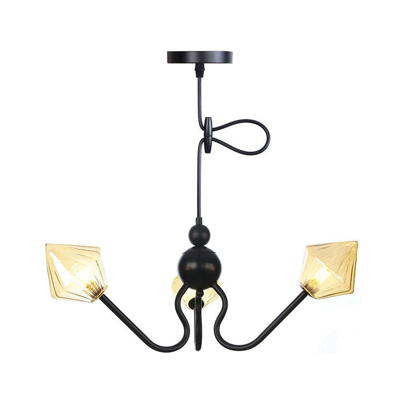 Diamond Shaped Pendant Lighting Farmhouse Amber/Clear Glass 3 Lights Restaurant Chandelier Lamp in Black/Chrome Clearhalo 'Cast Iron' 'Ceiling Lights' 'Chandeliers' 'Industrial Chandeliers' 'Industrial' 'Metal' 'Middle Century Chandeliers' 'Rustic Chandeliers' 'Tiffany' Lighting' 281336